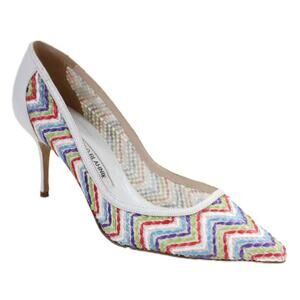 Manolo Blahnik Arina Pointed Toe Rainbow ZigZag Pump White Leather size 39 EU